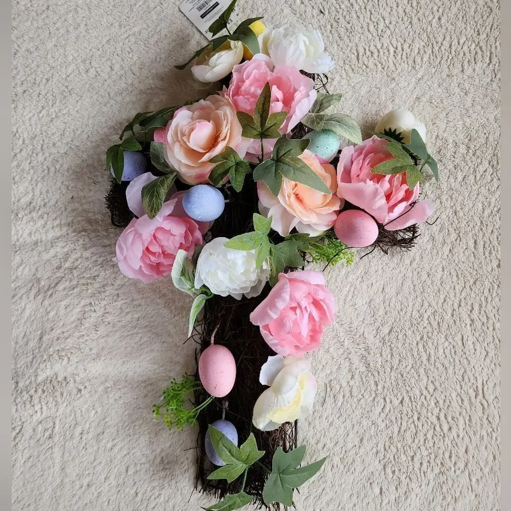 NEW SPRING / Easter Pink Peony Rose Eggs Natural Twig Cross Decoration / wreath